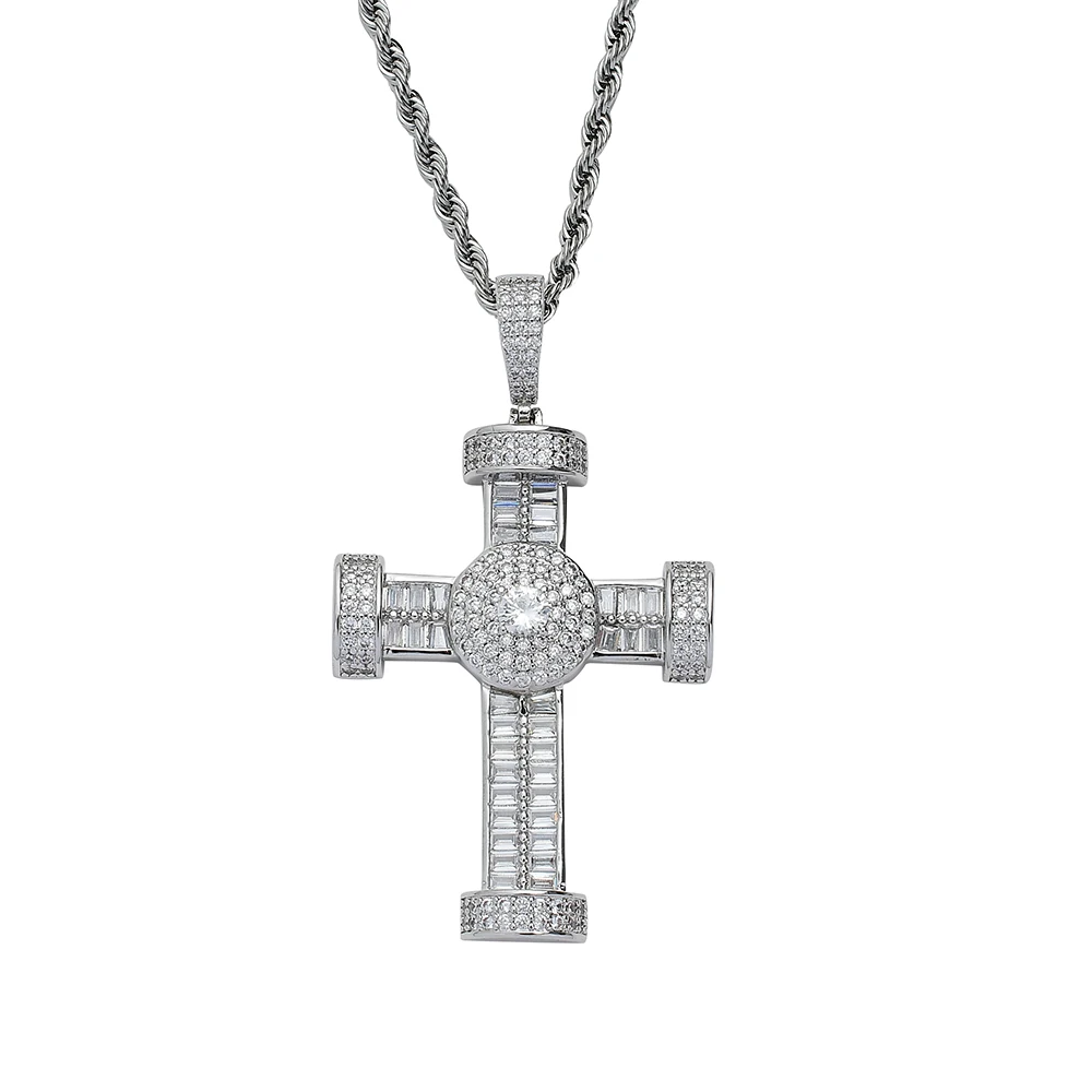 Hip Hop CZ Baguette Cross Disc Charm Necklace Pendant Gold Plated Brass Metal Iced Out Cross 2 Layers Zircon Diamonds Pendant