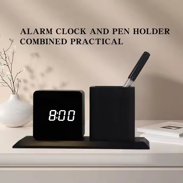Creative LED Smart Alarm Clock Home Office Desktop Pen Holder Wood Clock Smart Electronic Clock