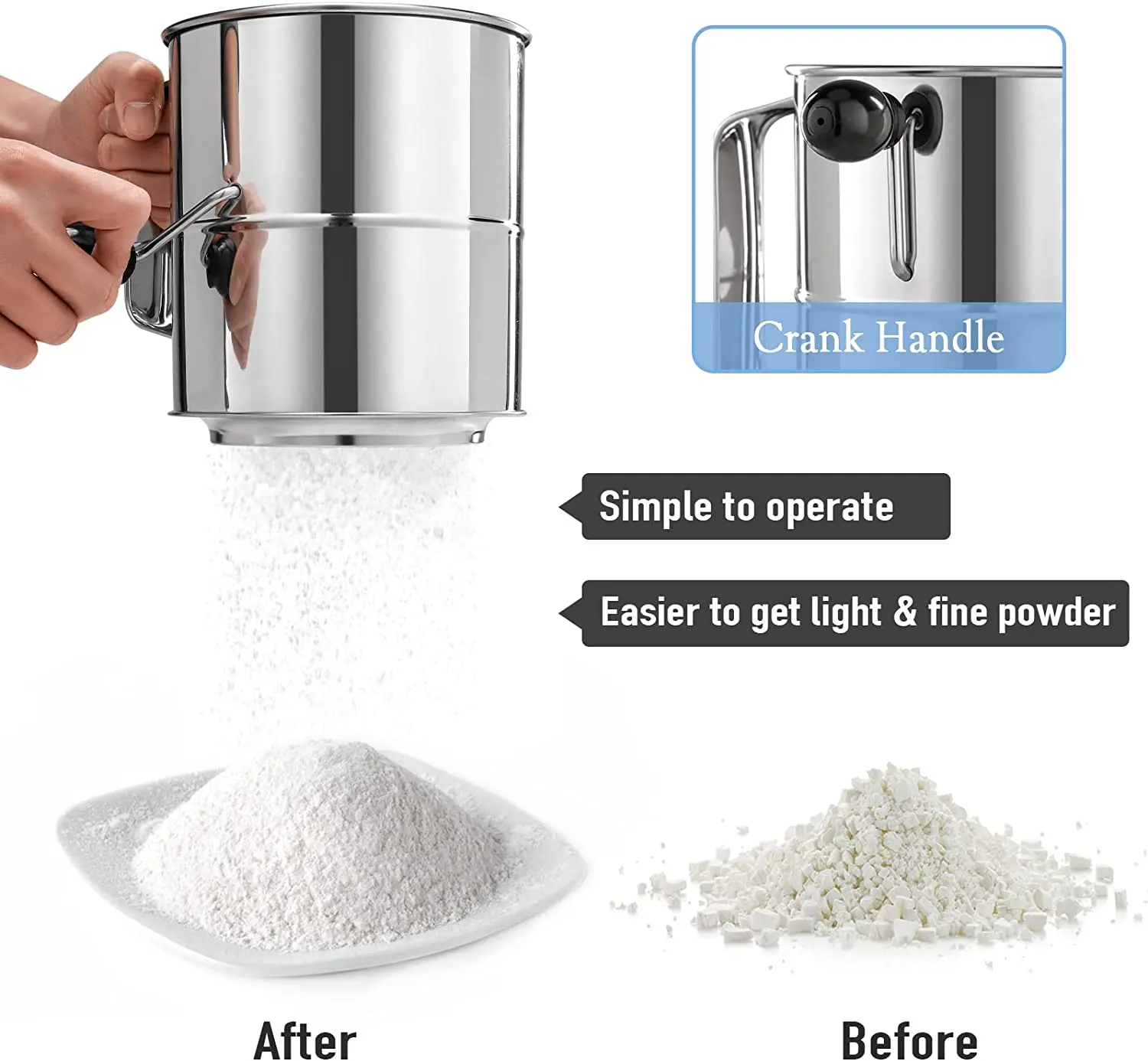 8-Cup Large Flour Sifter Fine Mesh Stainless Steel Shaker Sieve with Hand Crank for Baking