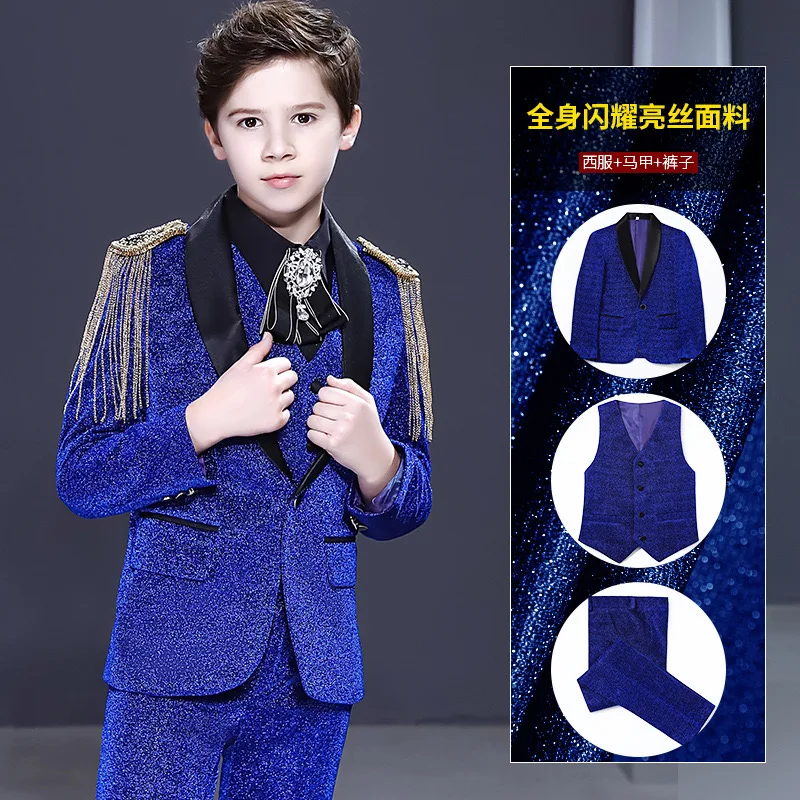 NIMBLE Blue Elaborate Sequined Men Suit Host Piano Performance Flower Boys Texido Blazer Kids Clothing Children Wear Plus Size