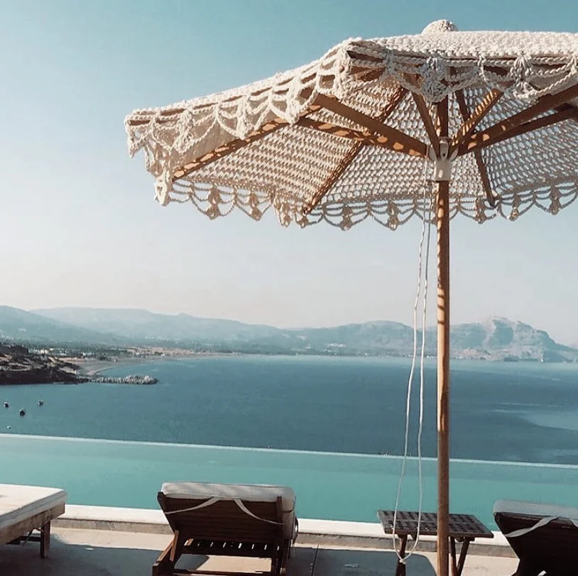 Luxury Crochet Patio Wooden Umbrella Handmade Cotton Tassels 2.5m Parasol Macrame Ropes Open Umbrella With Fringe