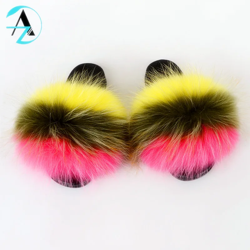 
Best Selling Comfort Fluffy Full Coverage Bedroom Fur Raccoon Slippers Soft Real Fox Fur Furry Slides For Women 