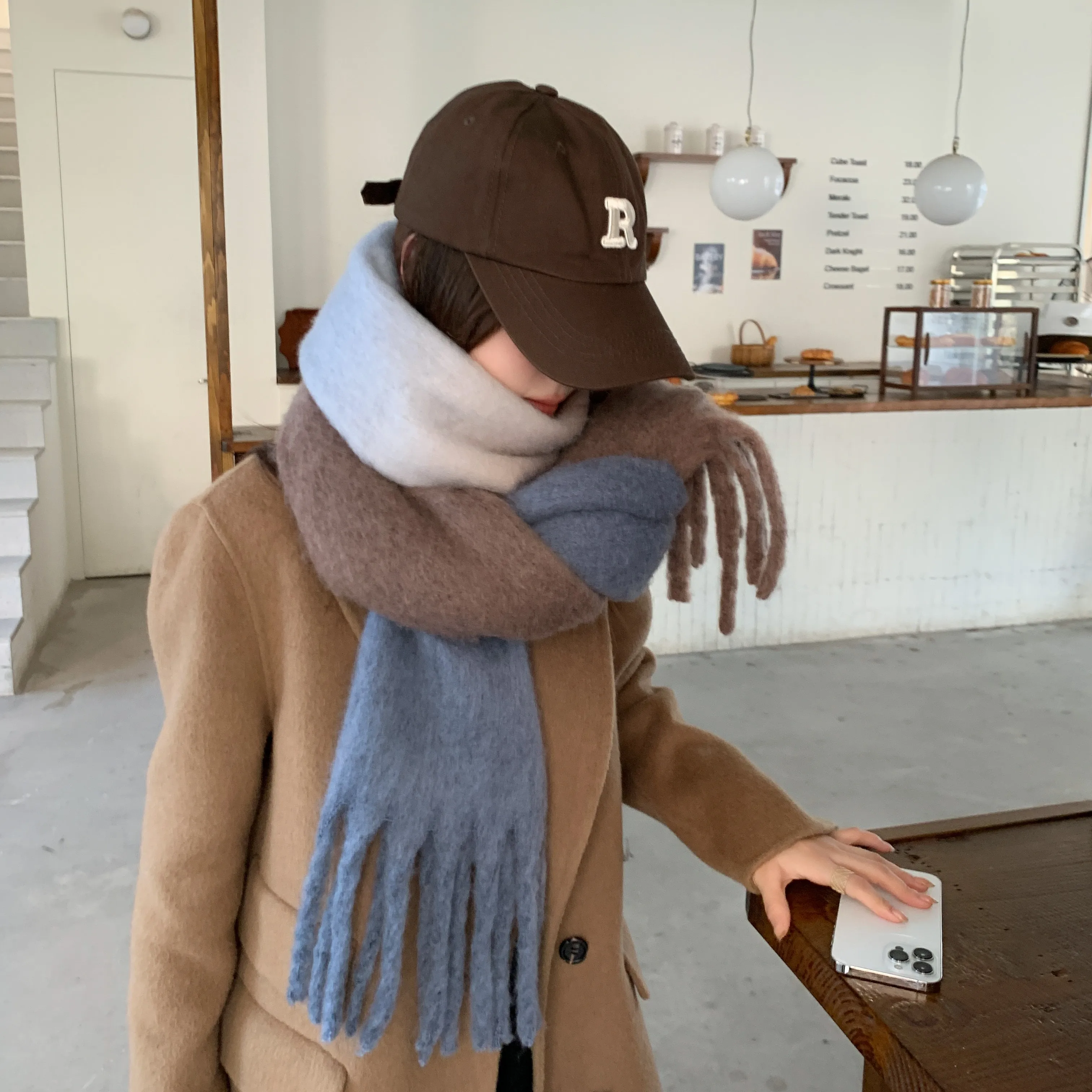 Latest Three-color Spliced Mohair Couple Scarves Women Soft Big Tassel Shawls Wraps Winter Warm Thickened Blanket Scarf Stoles