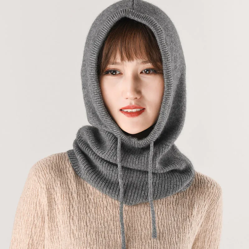 2024 Custom Unisex Cashmere Wool Pullover Knitted Beanie Hat with Drawstring Warm Hooded Scarf Hat
