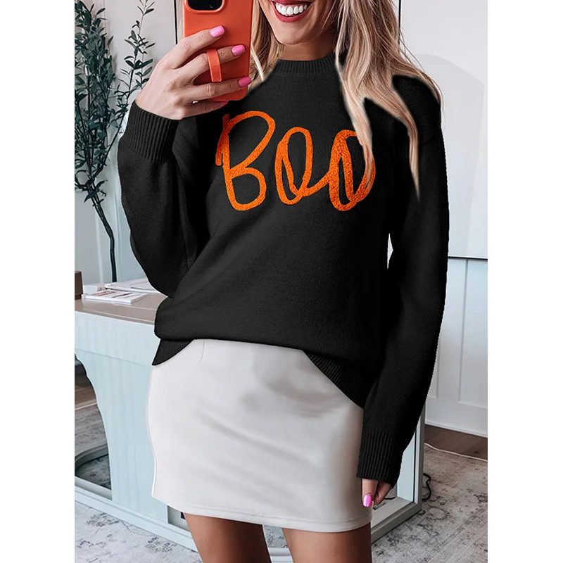 Dear-Lover Winter Fall Clothes Halloween Boo Knitted Pattern Ribbed Edge Drop Shoulder Sweaters For Women
