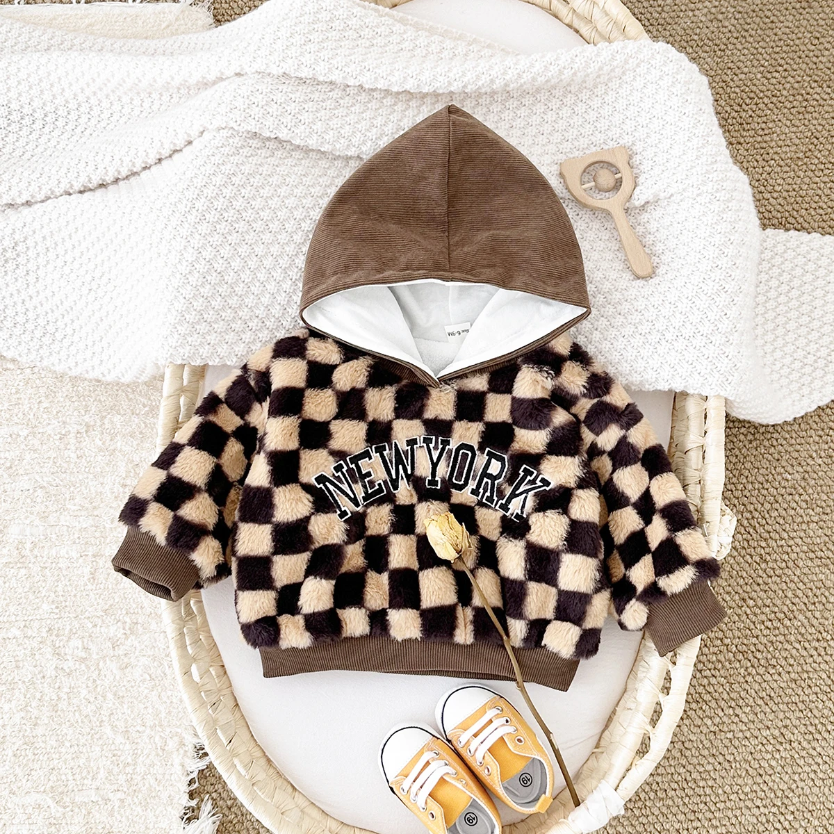 Зимняя детская одежда теплый свитер с капюшоном Детская клетчатая куртка хлопковой подкладкой