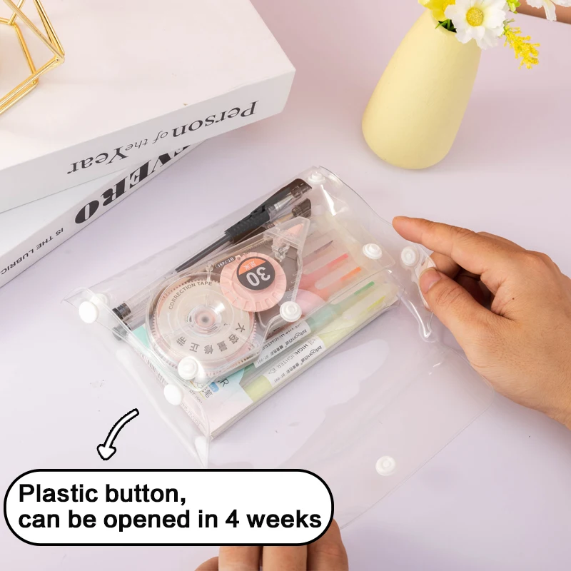 Four Sided Open Button Style PVC Pencil Bag With Multifunctional Transparent Storage Bag Customized Printing Pattern Clear Pouch