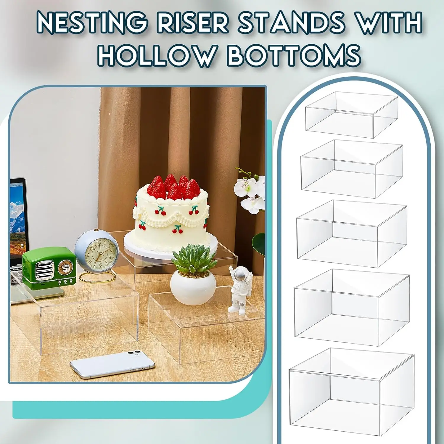 Clear Acrylic Cube 5 Sizes Display Nesting Risers with Hollow Bottoms Transparent Acrylic Boxes for Display and Table Decor