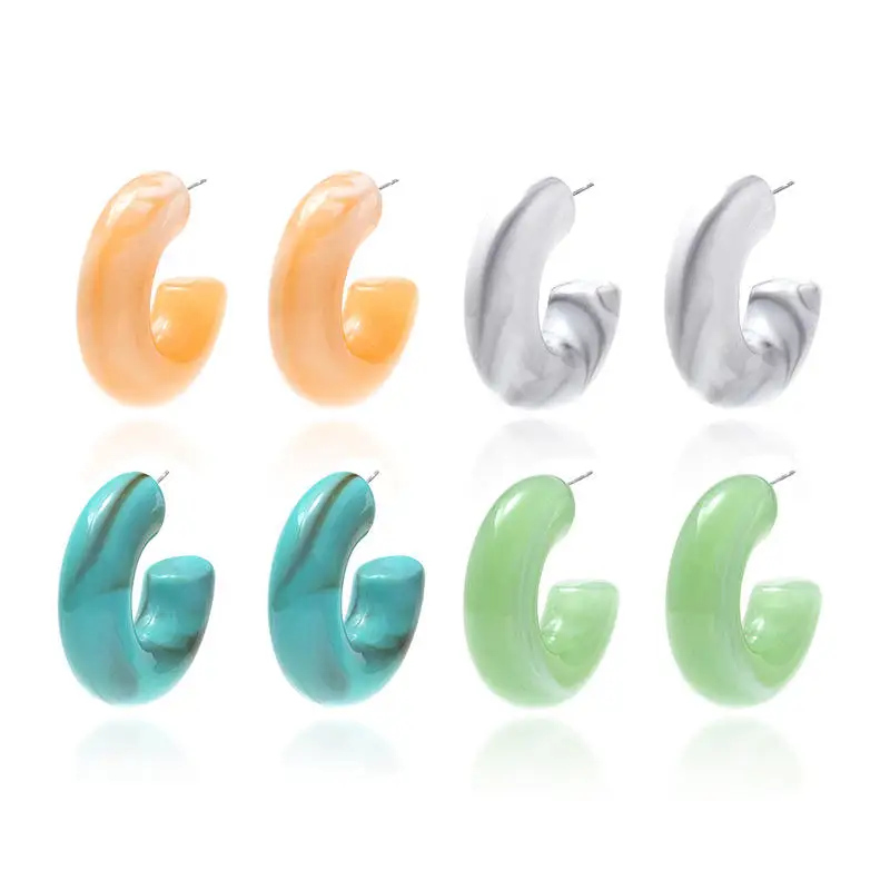 2024 Fashion Candy Color Chunky Curved Circle Round Open Mottled Resin Stud Ear Jewelry Geometric C-Shaped Acrylic Hoop Earrings