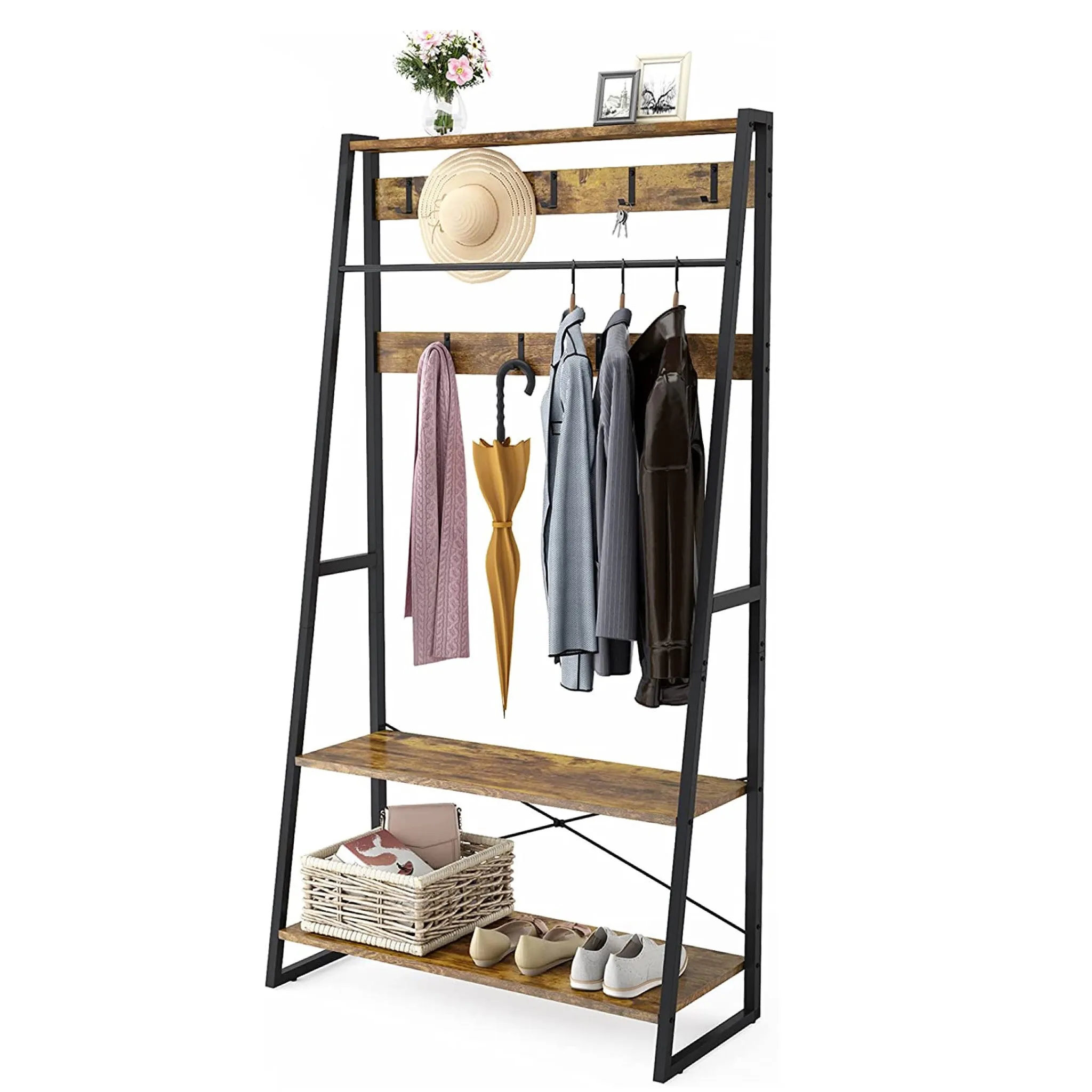 Винтажная деревянная вешалка для пальто, для прихожей, прихожей, с подставкой для хранения обуви