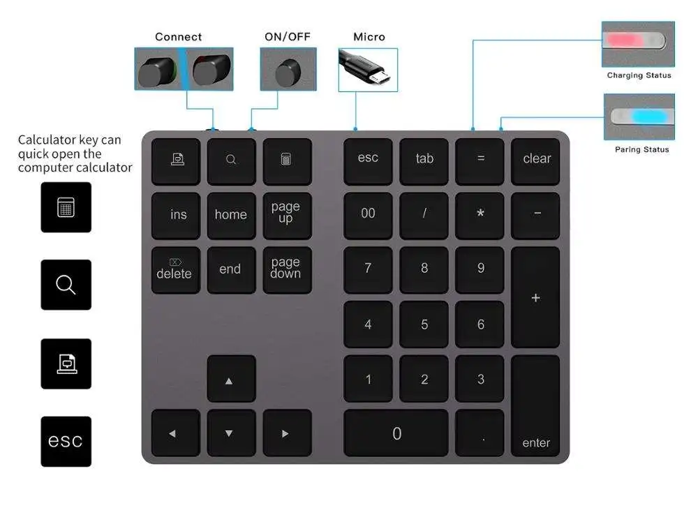 Factory Slim 34 keys BT Compatible Number Keypad With USB HUB Aluminum Wireless Numeric Keyboard