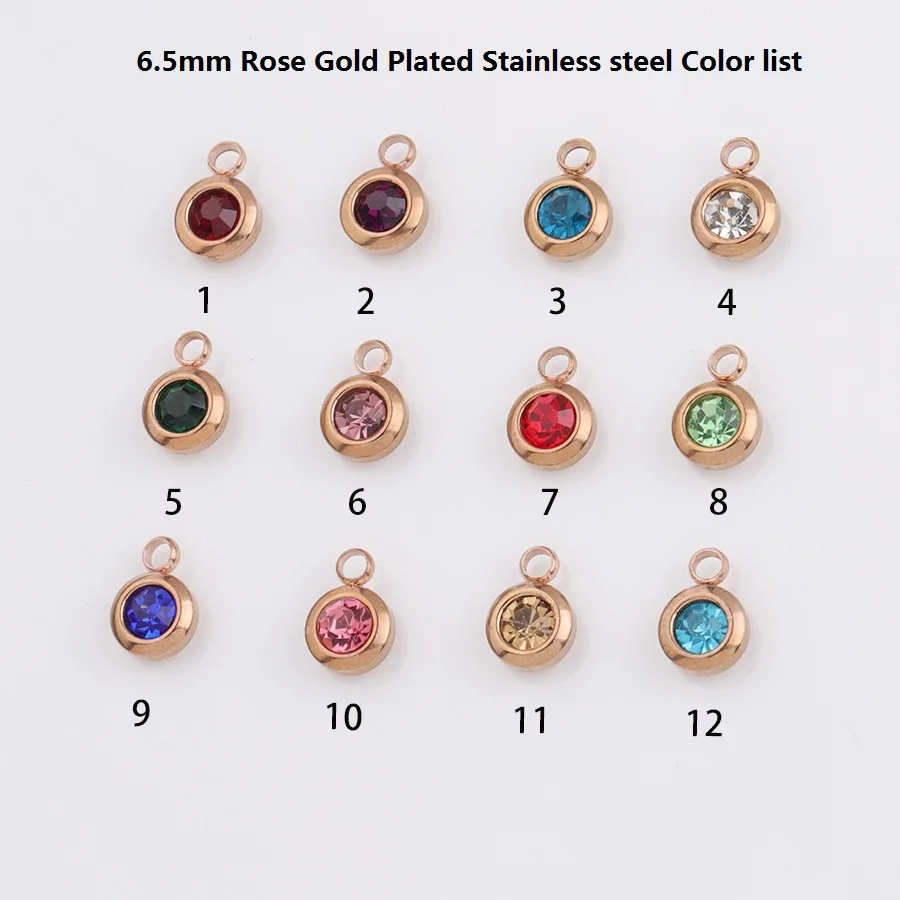 6.5MM Crystal Stainless Steel Round Birthstone Charms Pendant For DIY Necklace Bracelets Jewelry Making Rose Gold Plated Jewelry