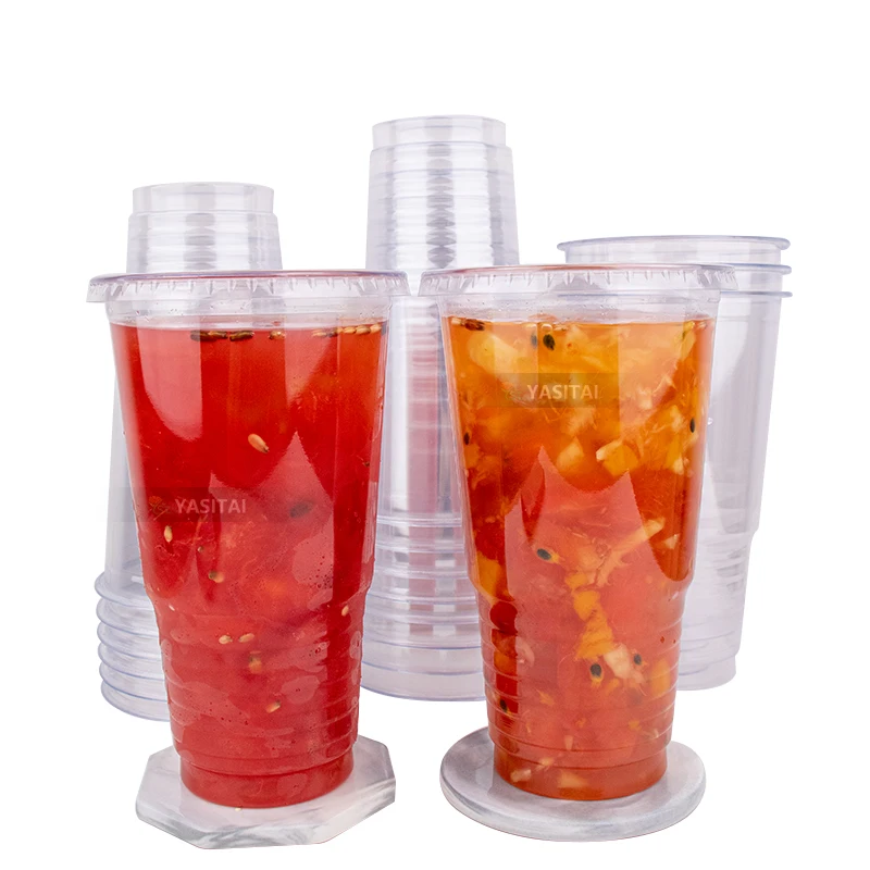 Disposable 32 oz Clear PET Plastic Cup With Flat Lid