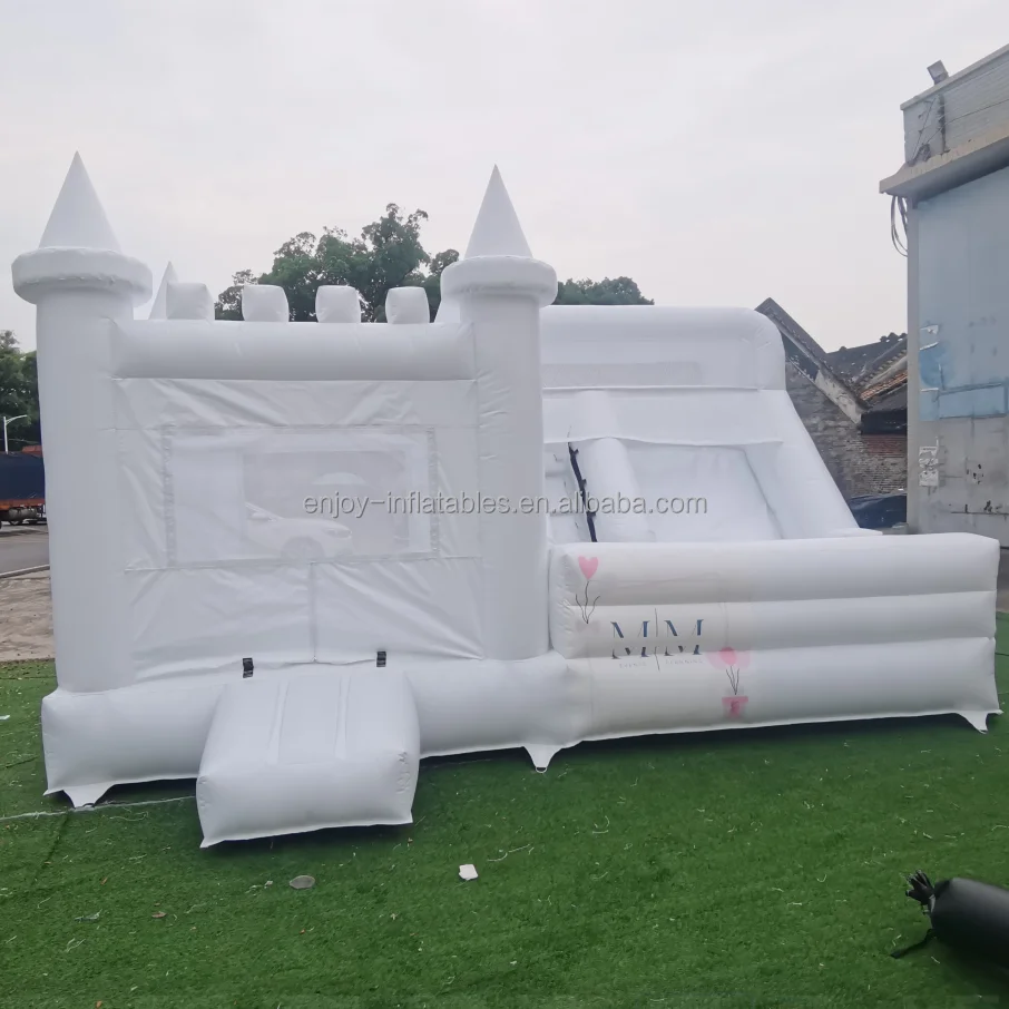 Outdoor commercial inflatable white bounce house combo with ball pit and slide inflatable castle water slide pool