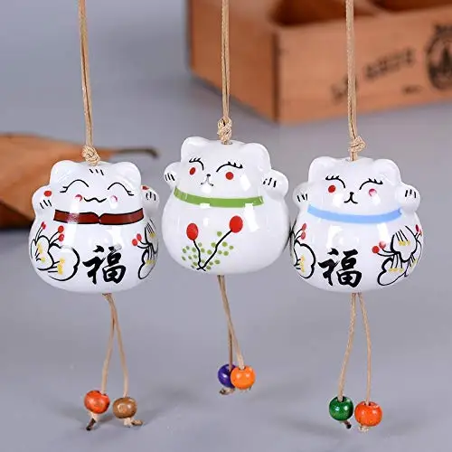 Car cute Hanging Ornaments Ceramic Lucky Cat Wind Chimes Cat Japanese Maneki Neko Car  Wall Hanging Home Decor  Miniature