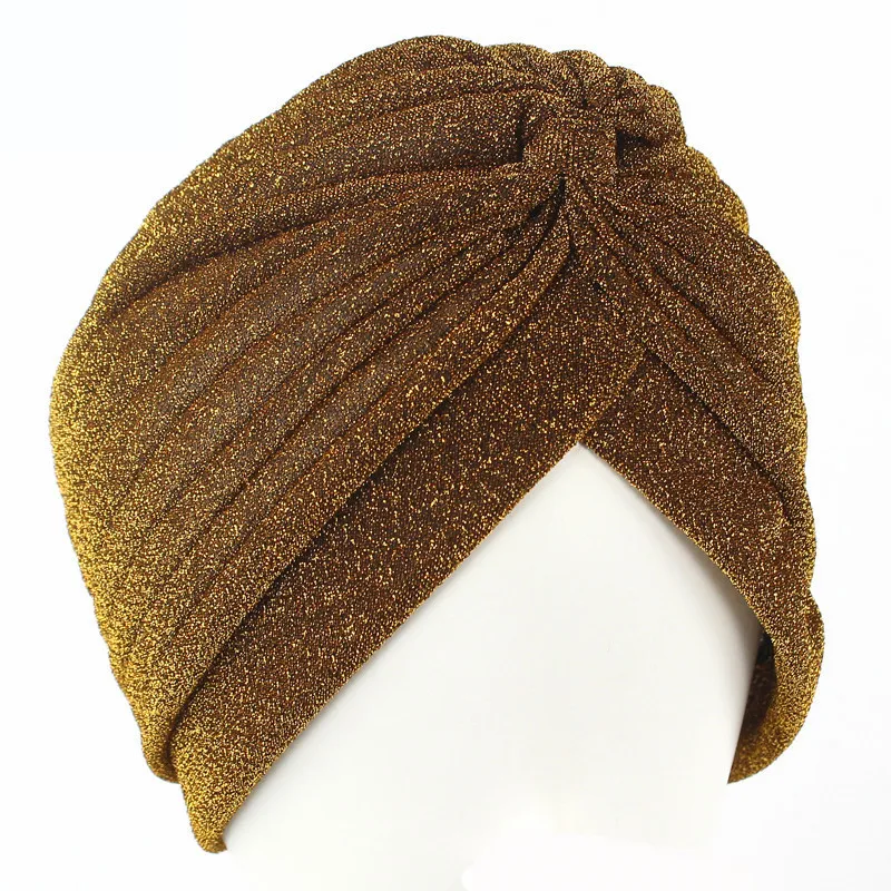 Wholesale Women Gold Bright Silk Indian Hats Sleep Cap Turban Cap Cover Hair Arab Muslim Hijab Female Hair Turban Hat