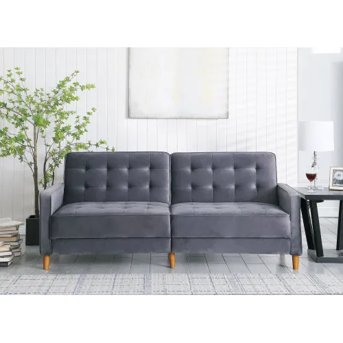 Square Arms Modern Velvet Upholstered Sofa Bed