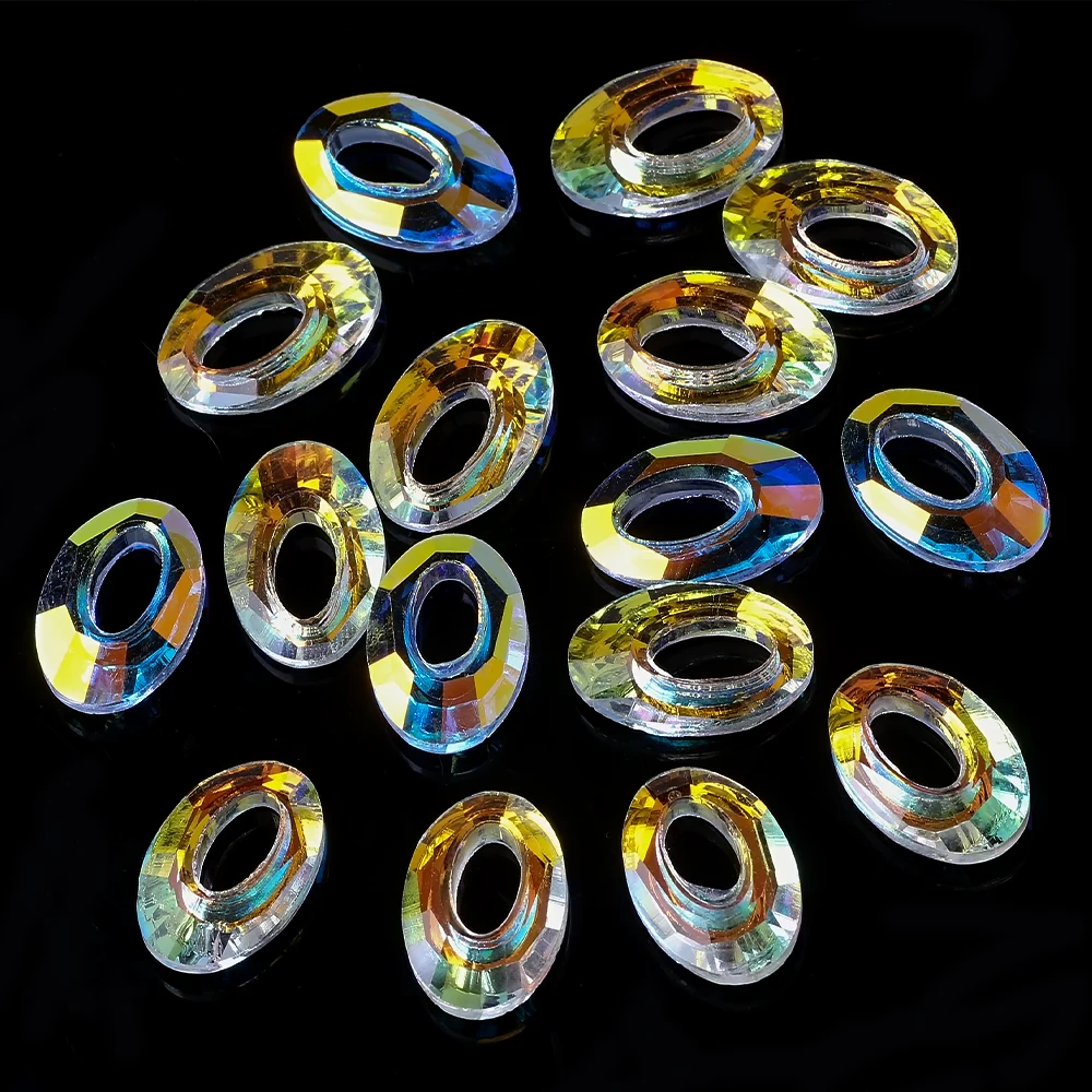 Zhubi Wholesale Color Sublimation Vitrail Light Crystal Beads Oval Cosmic Ring Hollow Pendant Glass Beads For Jewelry Making
