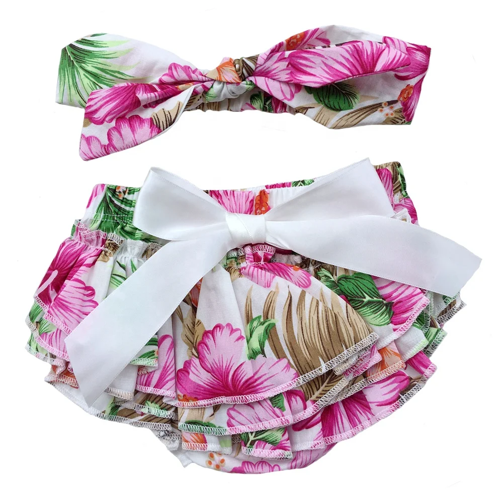 Custom no elastic 100% cotton print baby girl floral ruffle cute bloomers and bow headband set
