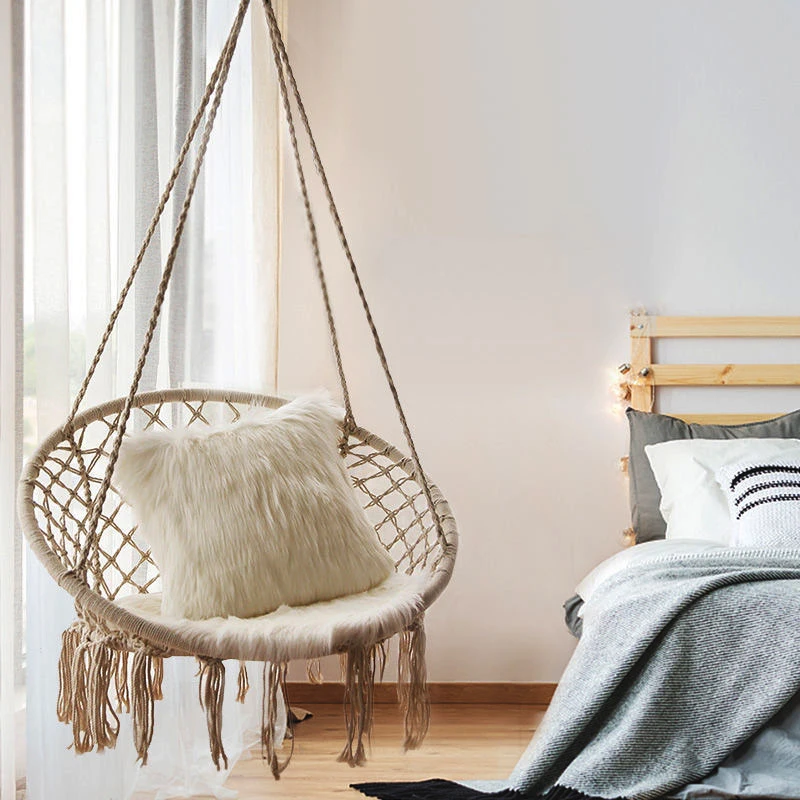 
Low Moq White Indoor Cotton Rope Lightweight Boho Adult Macrame Ceiling Mesh Basket Hanging Hammock Swinging Chair Suspended 