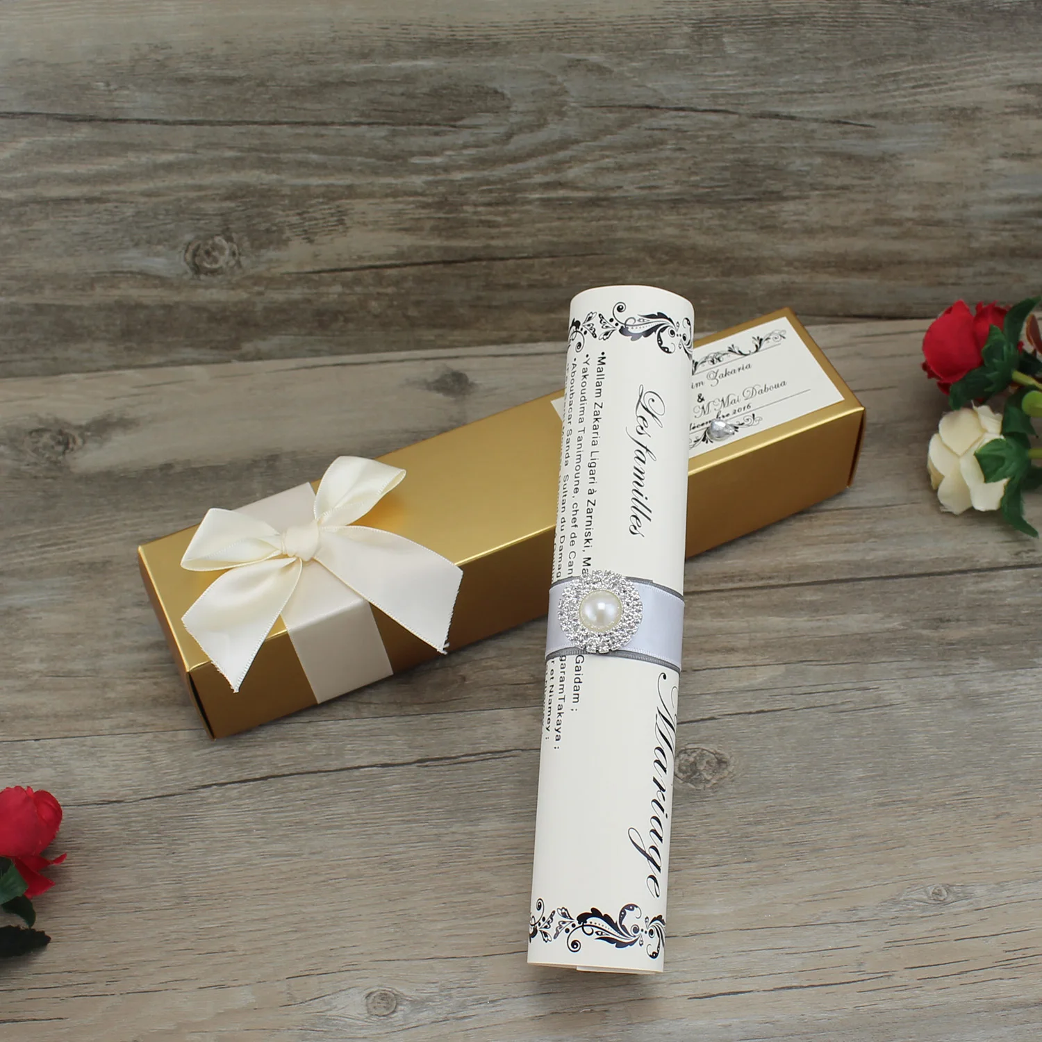 Luxury Royal Gold Scroll Box Wedding Invitation Cards With Buckle And Ribbon