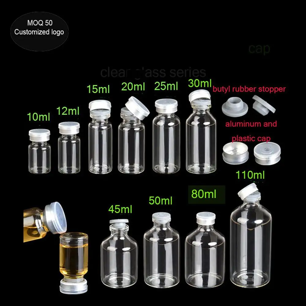 
free shipping 10ml 12ml 15ml 25ml 30ml 40ml 50ml 20 tooth Injection vials small glass medicine bottles Experimental test bottle 