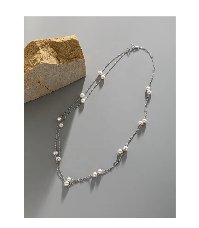 Trendy New S925 Sterling Silver Necklace Double Layered Platinum Plated Small Pearls Link Chain Layered Necklace Women Girl