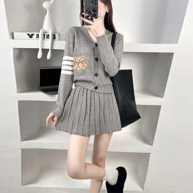 High School girls v neck short bear cardigan and mini skirt uniform twin set