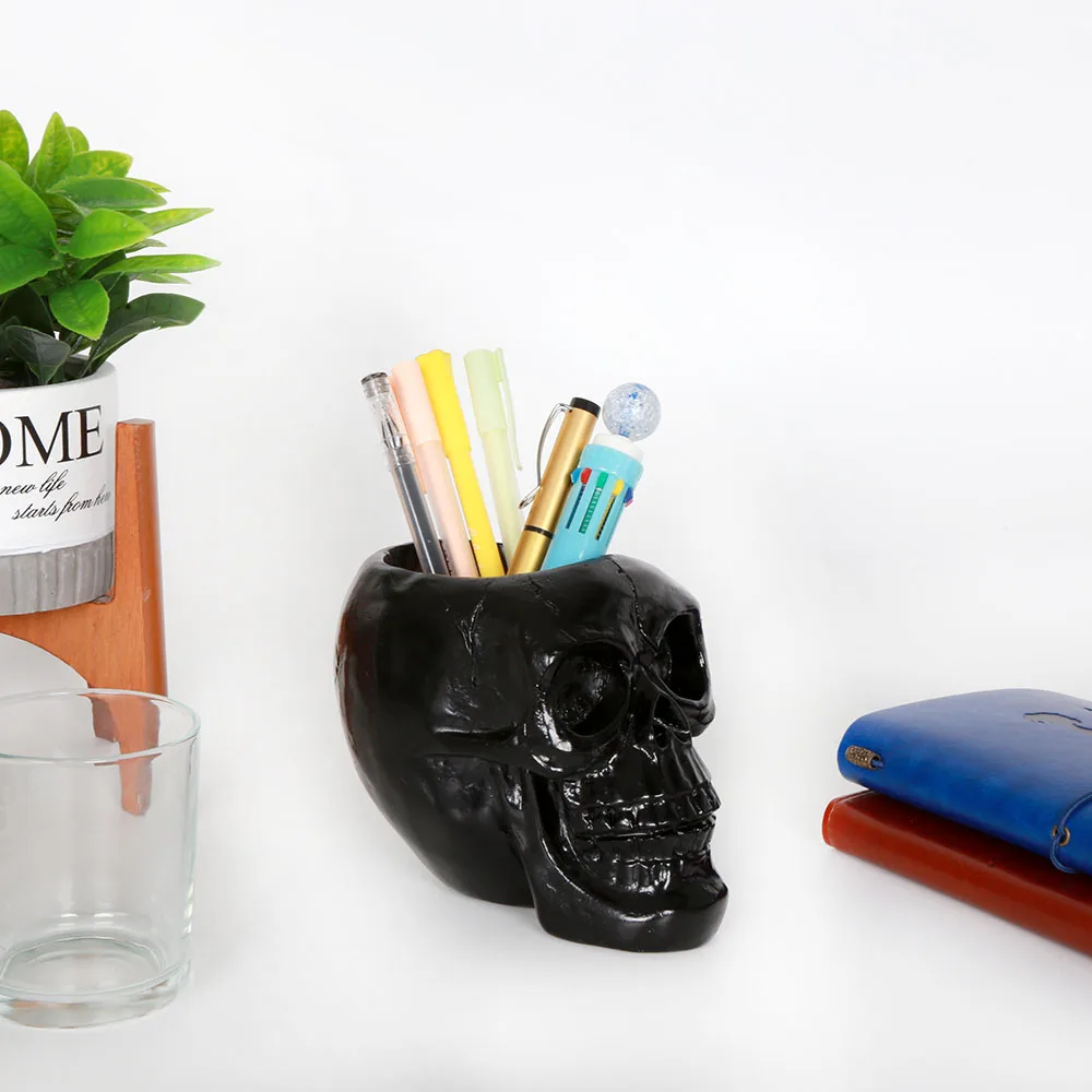 Desktop Flower Pot Resin Skeleton Head Stationery Pens Organizer Skull Pen Holder Cup Black Skull Makeup Brush Holder Ornament