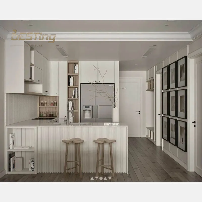 Italian minimalist design luxury granite island open plan solid wood kitchen cabinet