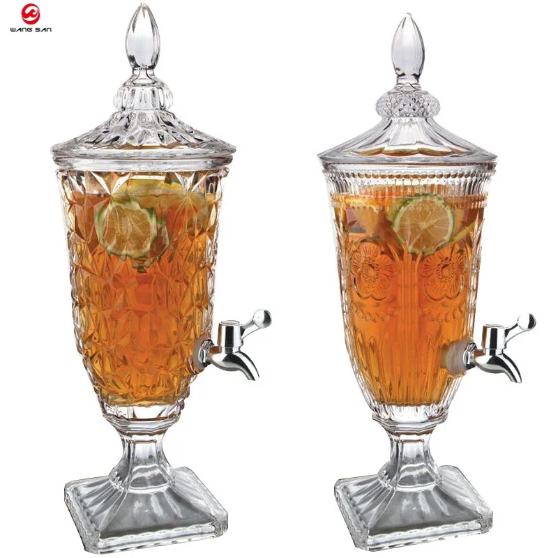 Wine glass juice dispenser clear Embosses Glass Beverage Dispenser For Water Juice With Tap Glass Juice Dispenser