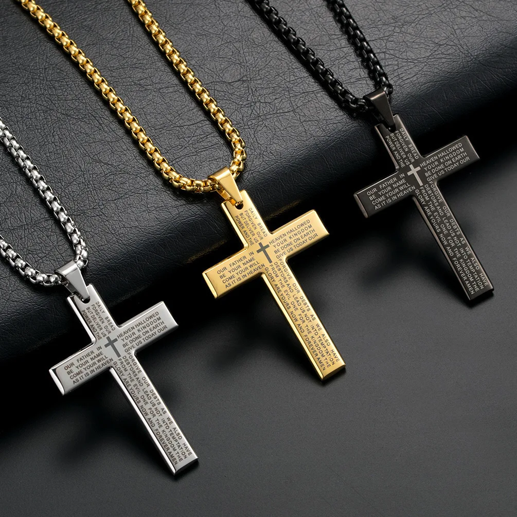 Stainless Steel Necklace For Men Prayer Choker Cross Pendant Black/Silver Chain Prayer Religious Medals Christian Jesus Jewelry