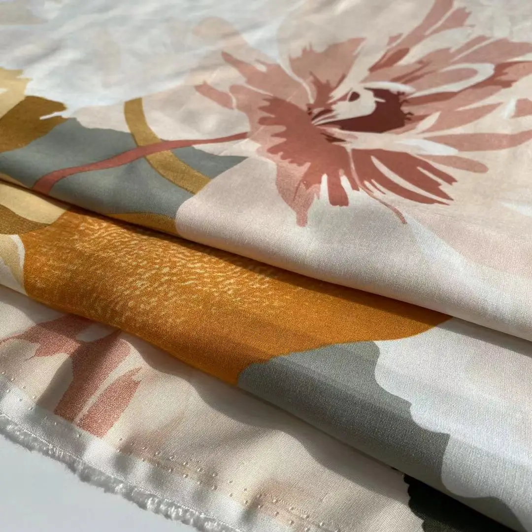 Stock Woven Plain Spun Rayon Leaf Motif Viscous 100% Viscose Floral Printed Rayon Challis Fabric