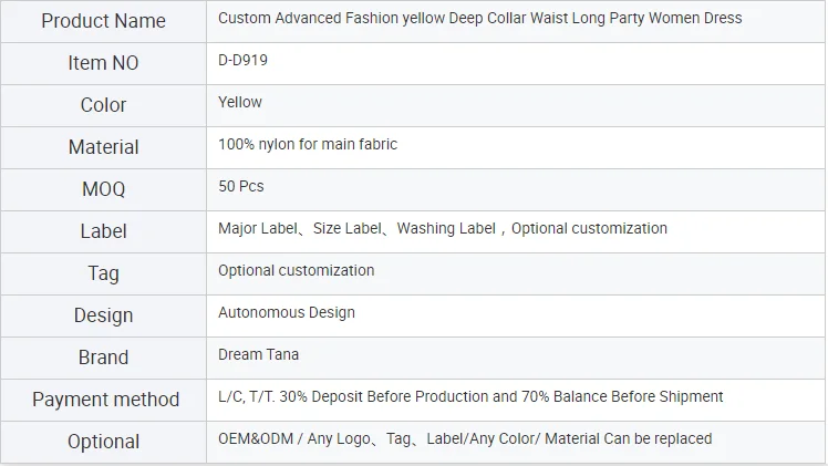 Custom factory wholesale Advanced Fashion yellow Deep Collar Waist Long Party Women Dress
