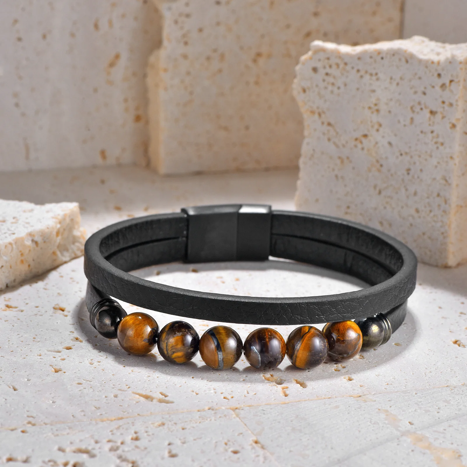 Punk Style 8mm Tiger Eye Stone Stainless Steel Magnetic Buckle Genuine Leather Rope Bracelet For Men Vintage Beaded Bracelet