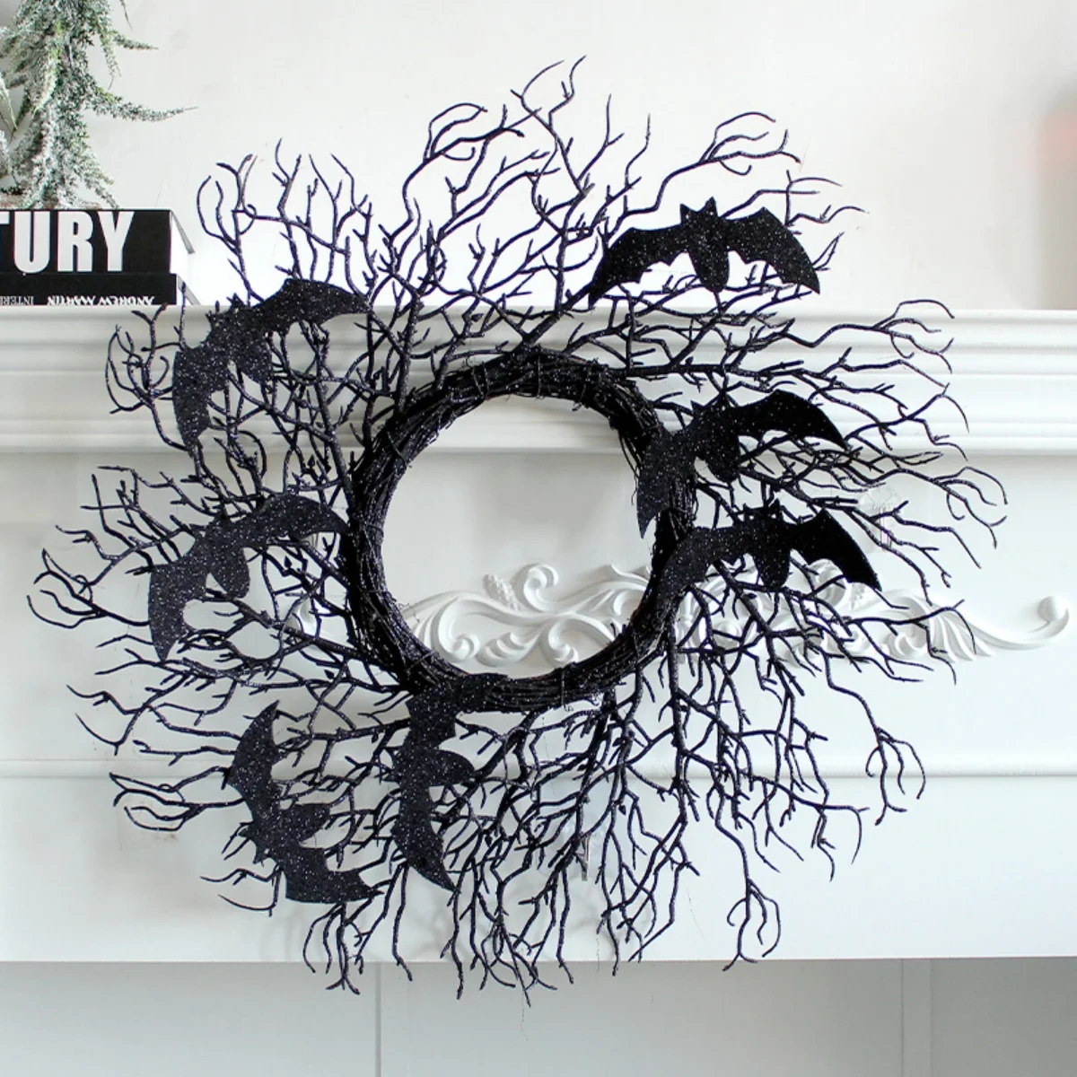 Halloween simulation black dead bat garland rattan ring window door hanging party decoration garland props