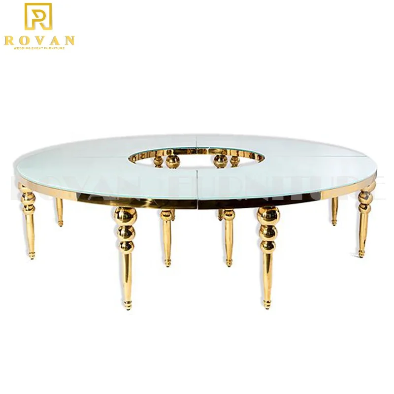 Banquet used MDF top stainless steel gold legs wedding dining room half moon table