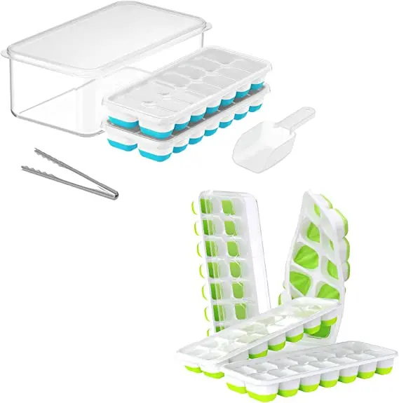 Stackable Ice Trays with Covers Ice Cube Trays 4 Pack Easy Release Silicone 14 Ice Cube Trays with Spill Resistant Removable Lid