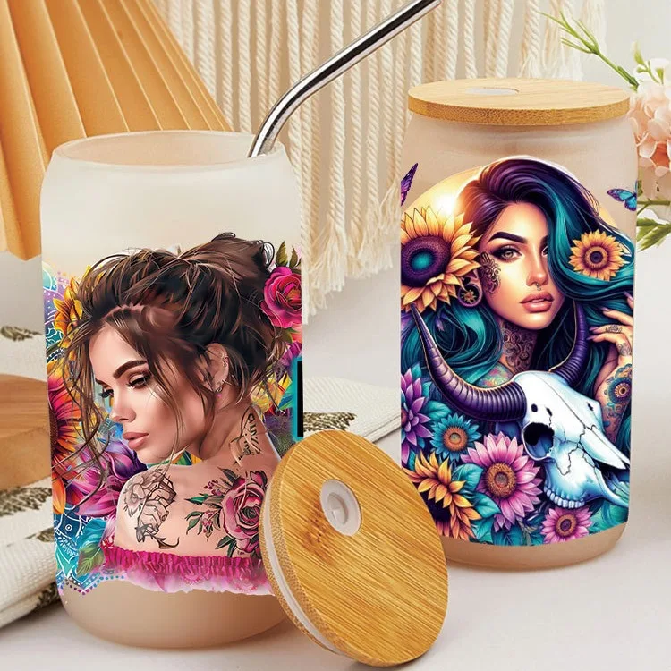 Ready To Ship wholesale Custom girl Design 16oz UV DTF Wrap Cup Glasses Transfer