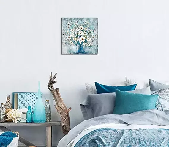 Decor White Flower In Blue Bottle Theme Picture Wall Art Painting Designs