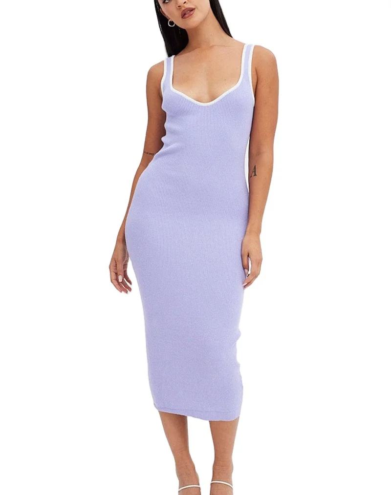 2023 Factory Wholesale Custom Spring Summer New Fashion Sleeveless Knitted V Neck Midi Sweater Dress