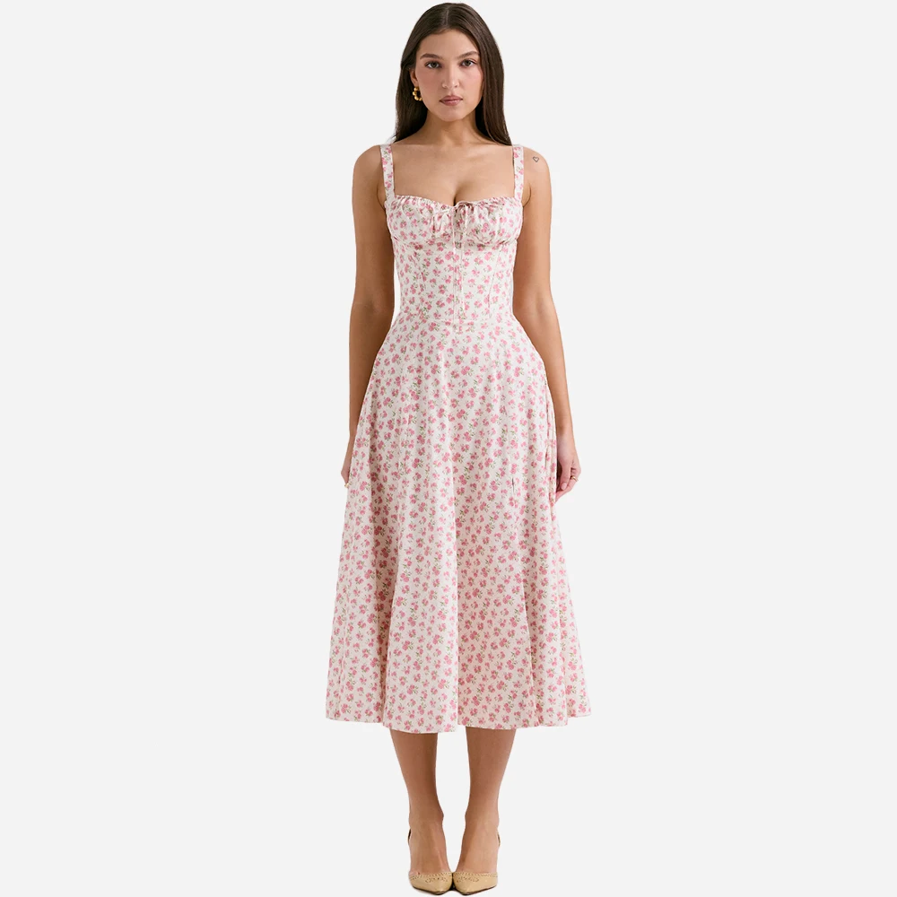 Corseted Bodice Beautiful Lace Up Back Gathered Bust Drawstring Tie Side Split Women Cotton Floral Long Maxi Dress