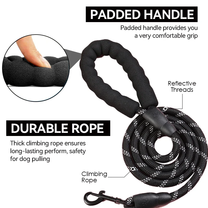 MayPaw Heavy Duty Rope Dog Leash, Nylon Pet Leash, Soft Padded Handle Thick Lead Leash for Large Medium Dogs Small Puppy Black
