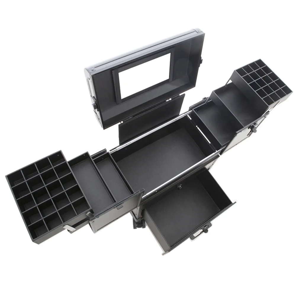 aluminum 4 wheel trolley mirror profession beauty TRAIN cosmetic storage case travel makeup organizer with mirror