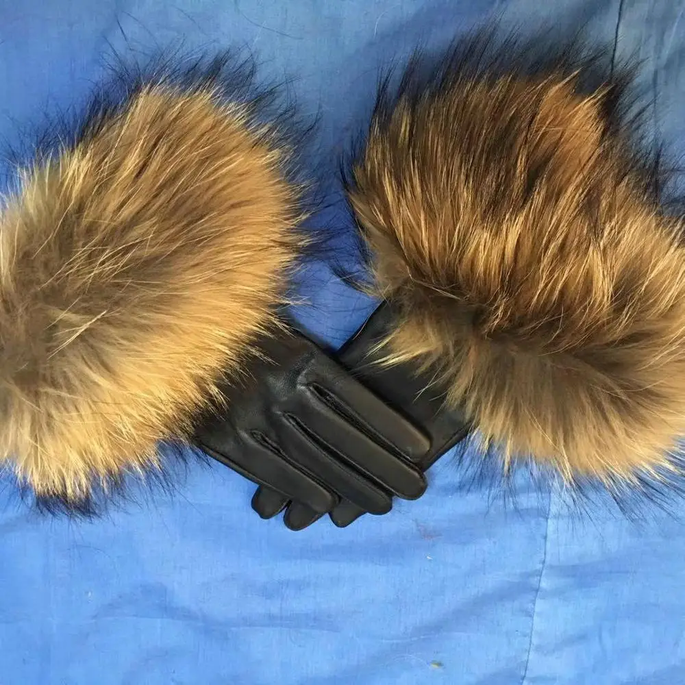 2019 muticolorsuede  real sheep skin leather glove real  fox fur trim