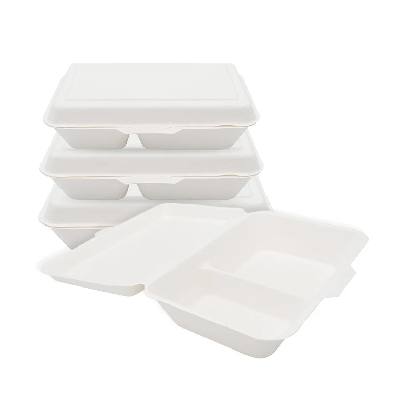 Cheap bagasse tableware disposable lunch box take away container paper food two compartment box