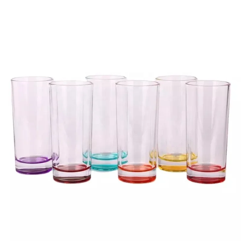 Amazon hot sell 10oz high ball stocked glass set 6 pcs drinking cup with colored bottom for promotion