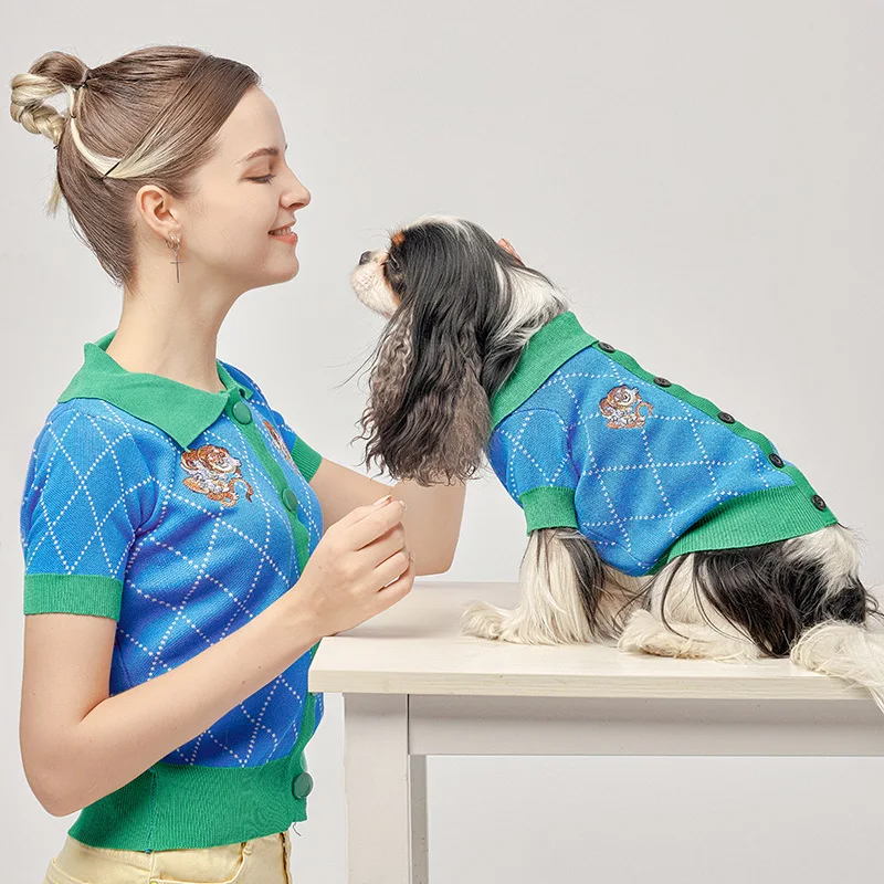 New Fall Winter Fashion Section Dog Blue Cardigan Pet Parent Child Sweater And Owner Matching Clothes Customize