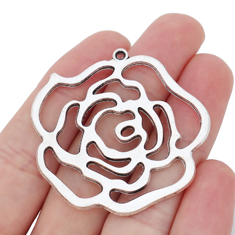 Antique Silver Large Hollow Open Rose Flower Charms Pendants for Necklace Jewelry Findings Making 48x47mm