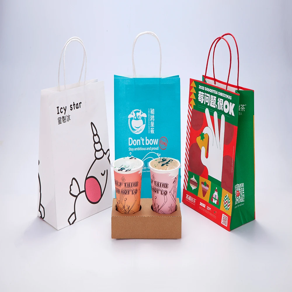 Wholesale Custom Logo Printing Drink Take Away Kraft Paper Bag Milk Bubble Tea Packing Bag
